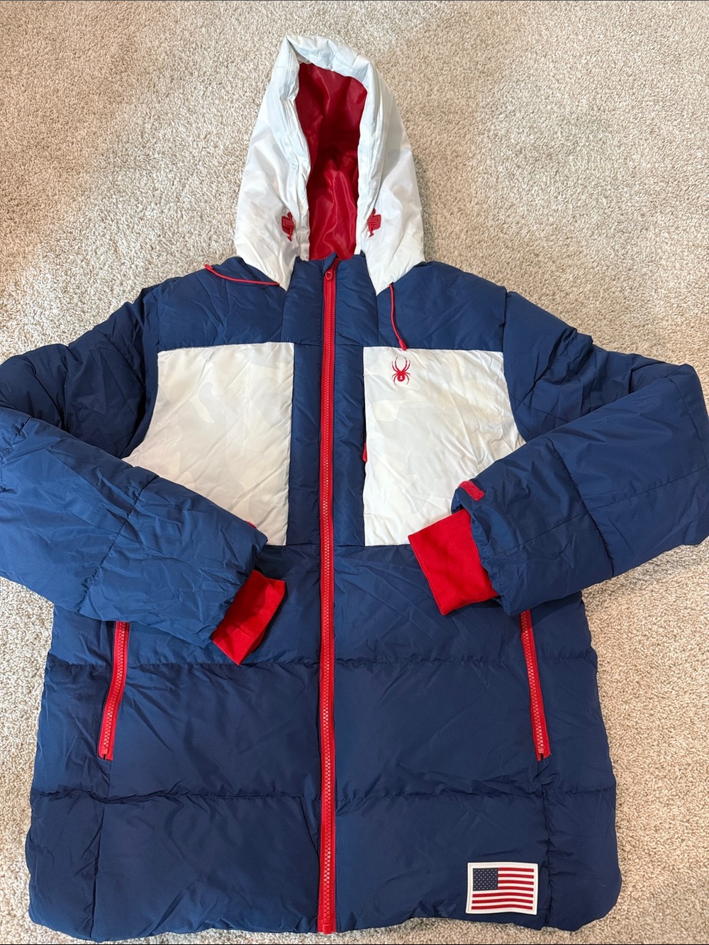 Men’s Spyder  Navy & White Puffer Jacket with Red Trim